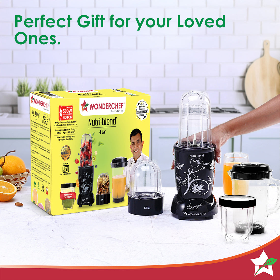 Nutri-blend 500W Mixer Grinder, 22000 RPM Motor, Smoothie Maker, Masala Grinder, Chutney Blender, 4 Unbreakable Jars, Recipe Book by Chef Sanjeev Kapoor, 2 Yr Warranty, Black