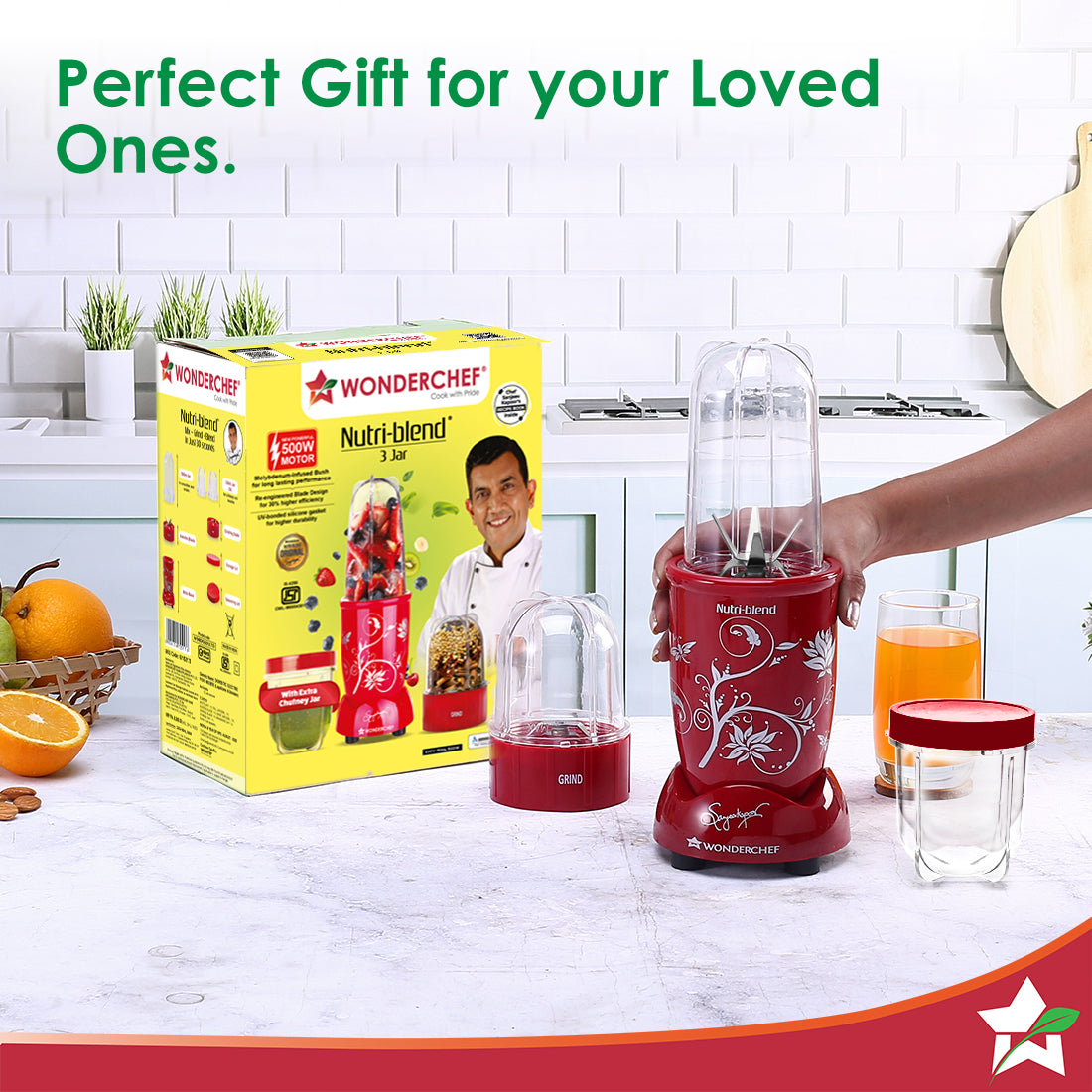 Nutri-blend 500W Mixer Grinder, 22000 RPM Motor, Smoothie Maker, Masala Grinder, Chutney Blender, 3 Unbreakable Jars, Recipe Book by Chef Sanjeev Kapoor, 2 Yr Warranty, Red