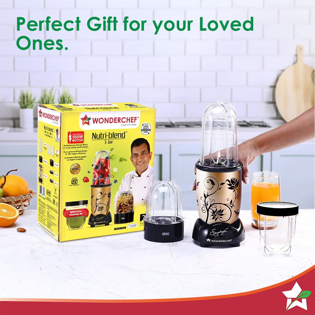 Nutri-blend 500W Mixer Grinder, 22000 RPM Motor, Smoothie Maker, Masala Grinder, Chutney Blender, 3 Unbreakable Jars, Recipe Book by Chef Sanjeev Kapoor, 2 Yr Warranty, Champagne