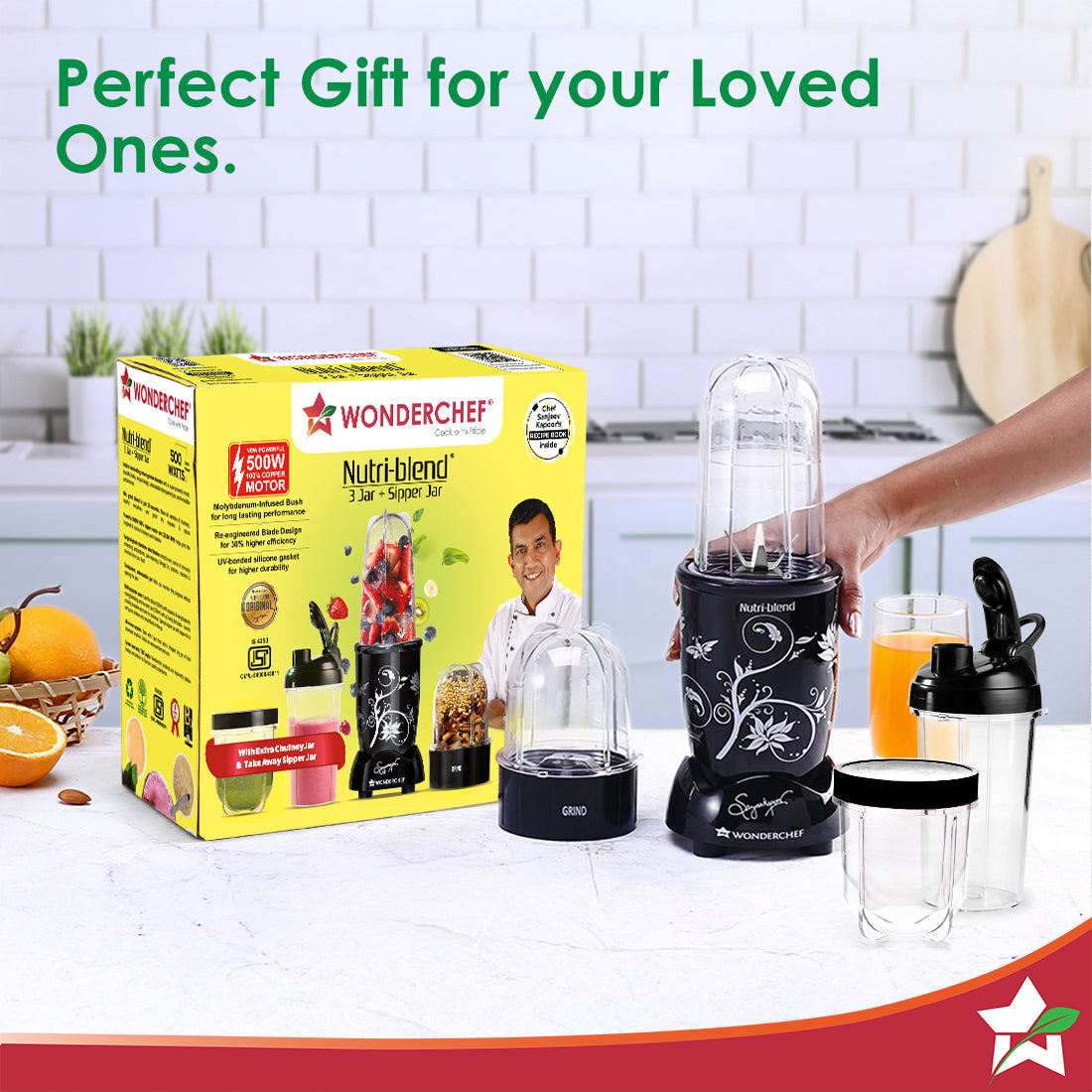 Nutri-blend 500W Mixer Grinder, 22000 RPM Motor, Smoothie Maker, Masala Grinder, Chutney Blender, 3 Unbreakable Jars & Sipper Jar, Recipe Book by Chef Sanjeev Kapoor, 2 Yr Warranty, Black