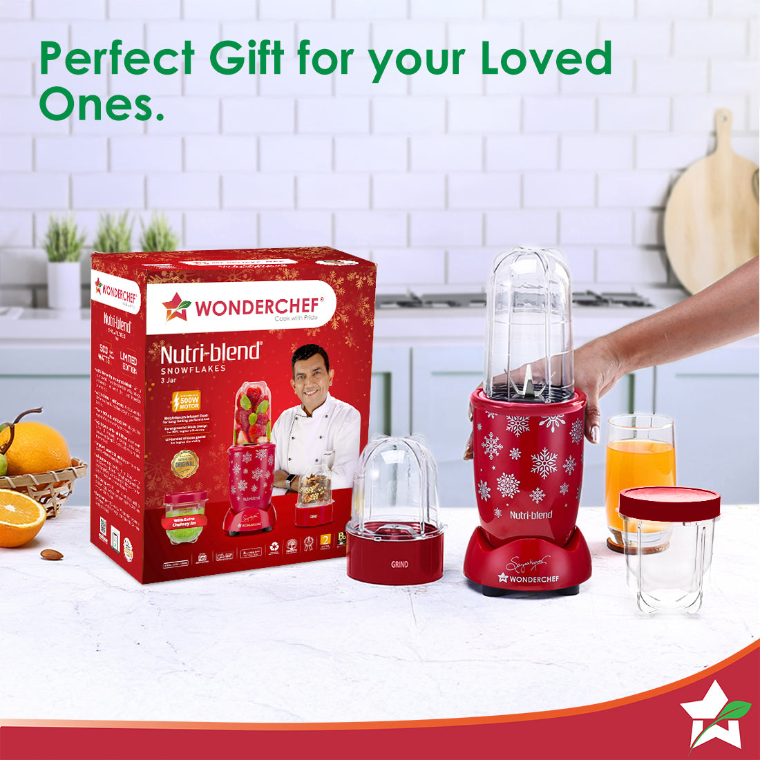 Nutri-blend Snowflakes 500W Mixer Grinder, 22000 RPM, Smoothie Maker-Masala-Chutney Grinder, 3 Unbreakable Jars, Limited Edition, Recipe Book by Chef Sanjeev Kapoor, 2 Yr Warranty, Red