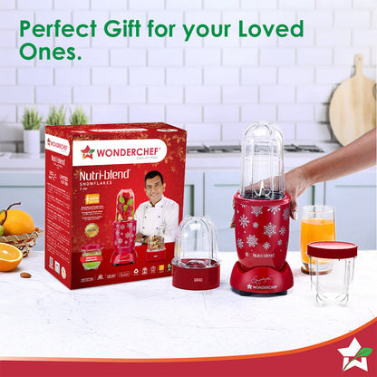 Nutri-blend Snowflakes 500W Mixer Grinder, 22000 RPM, Smoothie Maker-Masala-Chutney Grinder, 3 Unbreakable Jars, Limited Edition, Recipe Book by Chef Sanjeev Kapoor, 2 Yr Warranty, Red