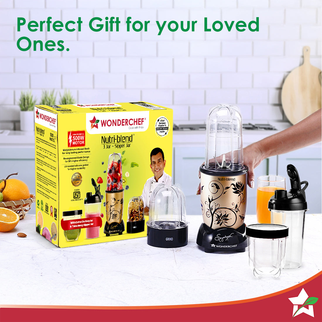 Nutri-blend 500W Mixer Grinder, 22000 RPM Motor, Smoothie Maker, Masala Grinder, Chutney Blender, 3 Unbreakable Jars & Sipper Jar, Recipe Book by Chef Sanjeev Kapoor, 2 Yr Warranty, Champagne