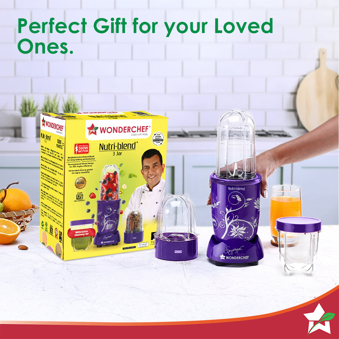 Nutri-blend 500W Mixer Grinder, 22000 RPM Motor, Smoothie Maker, Masala Grinder, Chutney Blender, 3 Unbreakable Jars, Recipe Book by Chef Sanjeev Kapoor, 2 Yr Warranty, Purple