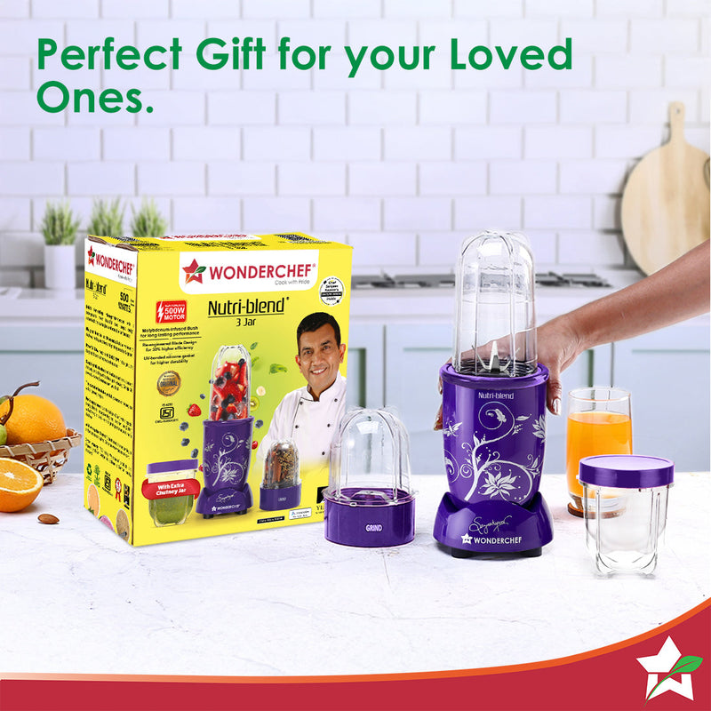 Nutri-blend 500W Mixer Grinder, 22000 RPM Motor, Smoothie Maker, Masala Grinder, Chutney Blender, 3 Unbreakable Jars, Recipe Book by Chef Sanjeev Kapoor, 2 Yr Warranty, Purple