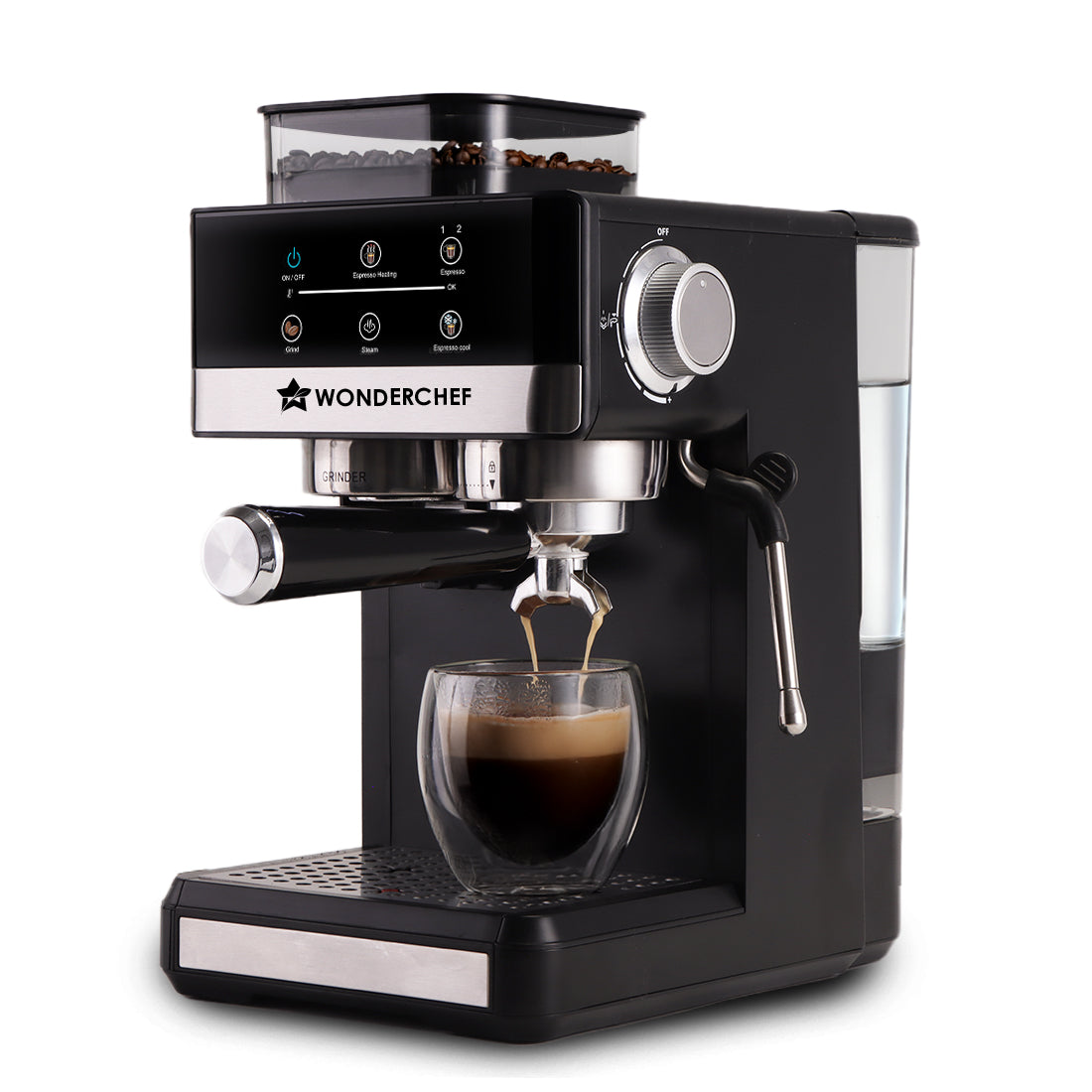 Wonderchef Regalia Bean to Cup 20 Bar Coffee Maker with Built-in Grinder | Espresso, Cappuccino, Latte, Mocha, Cold Coffee |Adjustable Grinding |Adjustable Milk Frothing Steamer | Metal Porta Filter | 2 Thermostats | 1.5L Water Tank |1200W-1
