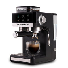 Wonderchef Regalia Bean to Cup 20 Bar Coffee Maker with Built-in Grinder | Espresso, Cappuccino, Latte, Mocha, Cold Coffee |Adjustable Grinding |Adjustable Milk Frothing Steamer | Metal Porta Filter | 2 Thermostats | 1.5L Water Tank |1200W-1