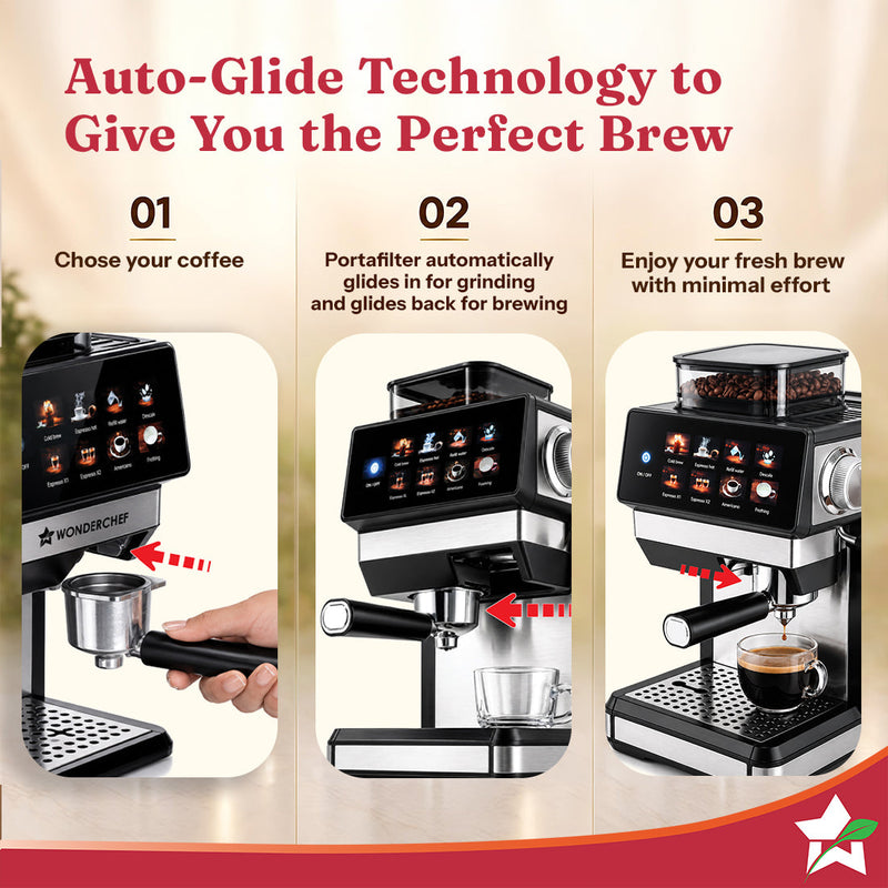 Wonderchef Prebook Auto Bar Espresso Coffee Maker & Grinder, 20-bar, Built-in Frother, Hassle-free, Make Espressos, Capp