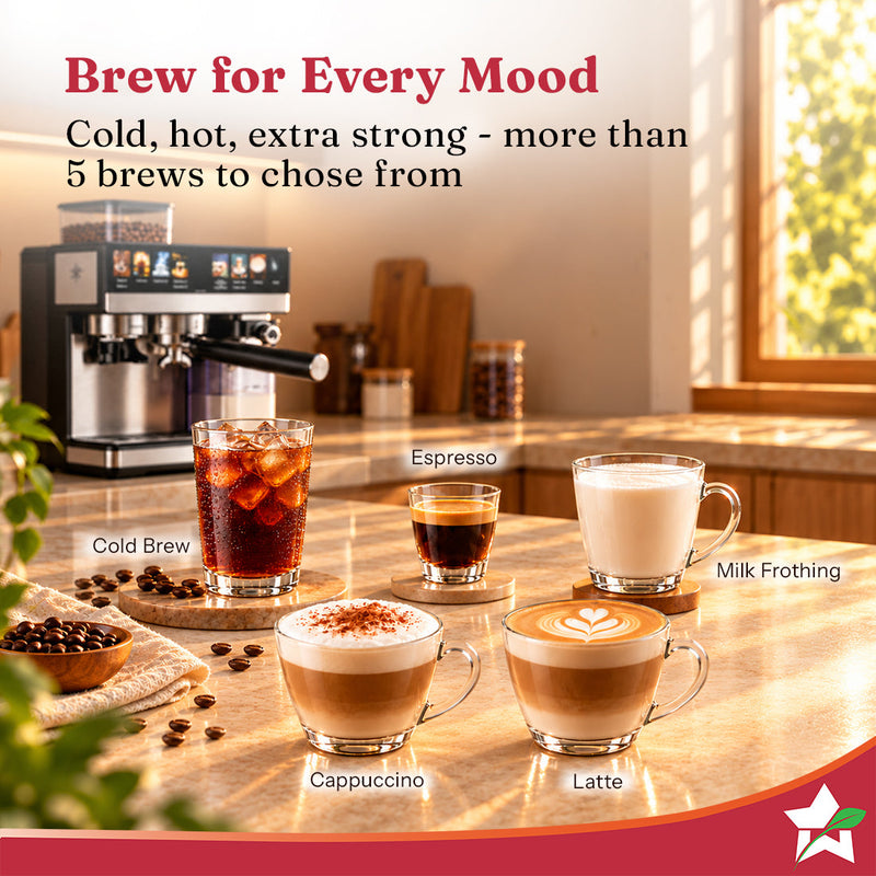 Wonderchef Prebook Murano Bean-to-Cup Automatic Coffee Maker & Grinder, 20-bar, Built-in Frother, Make Espressos, Cappuc