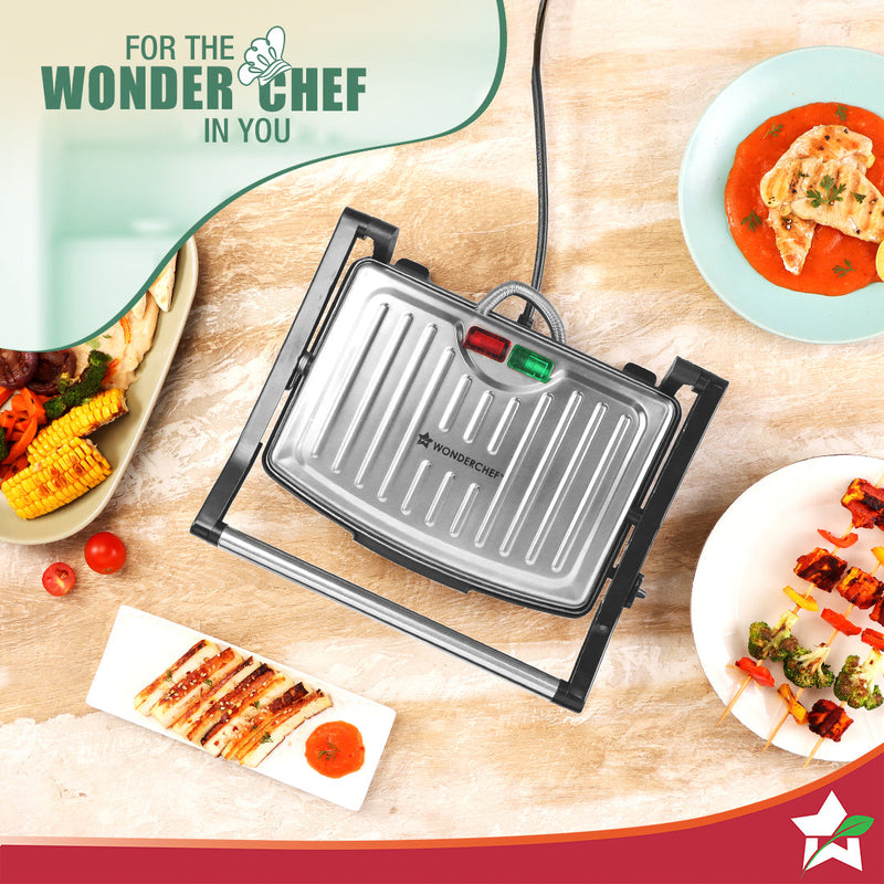 Wonderchef Essenza Contact Grill | 400W | Dual-side Heating | Non-stick Grill Plates | Oil Collector Tray | LED Indicato