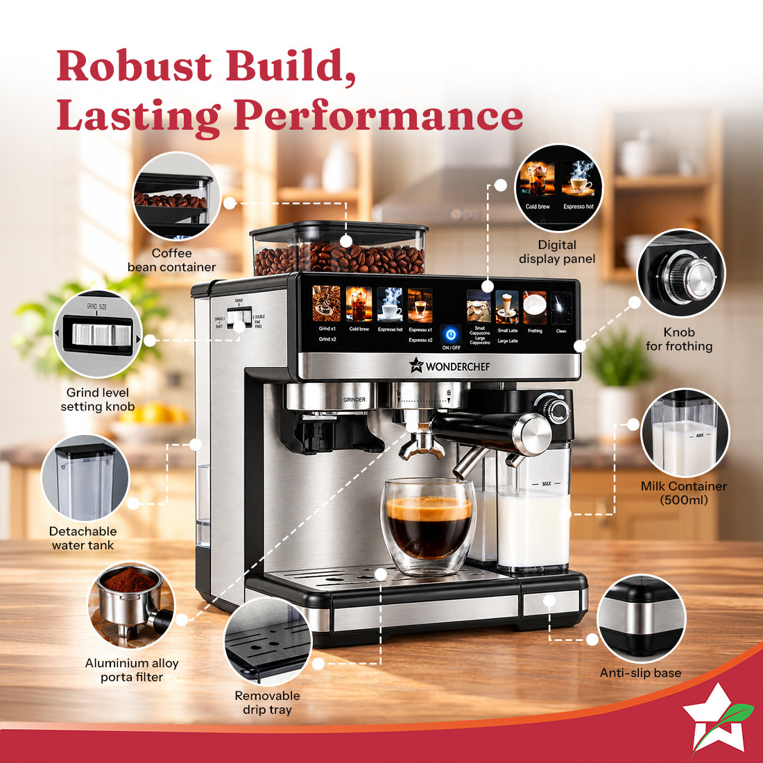 Wonderchef Prebook Murano Bean-to-Cup Automatic Coffee Maker & Grinder, 20-bar, Built-in Frother, Make Espressos, Cappuc