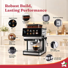 Wonderchef Prebook Auto Bar Espresso Coffee Maker & Grinder, 20-bar, Built-in Frother, Hassle-free, Make Espressos, Capp