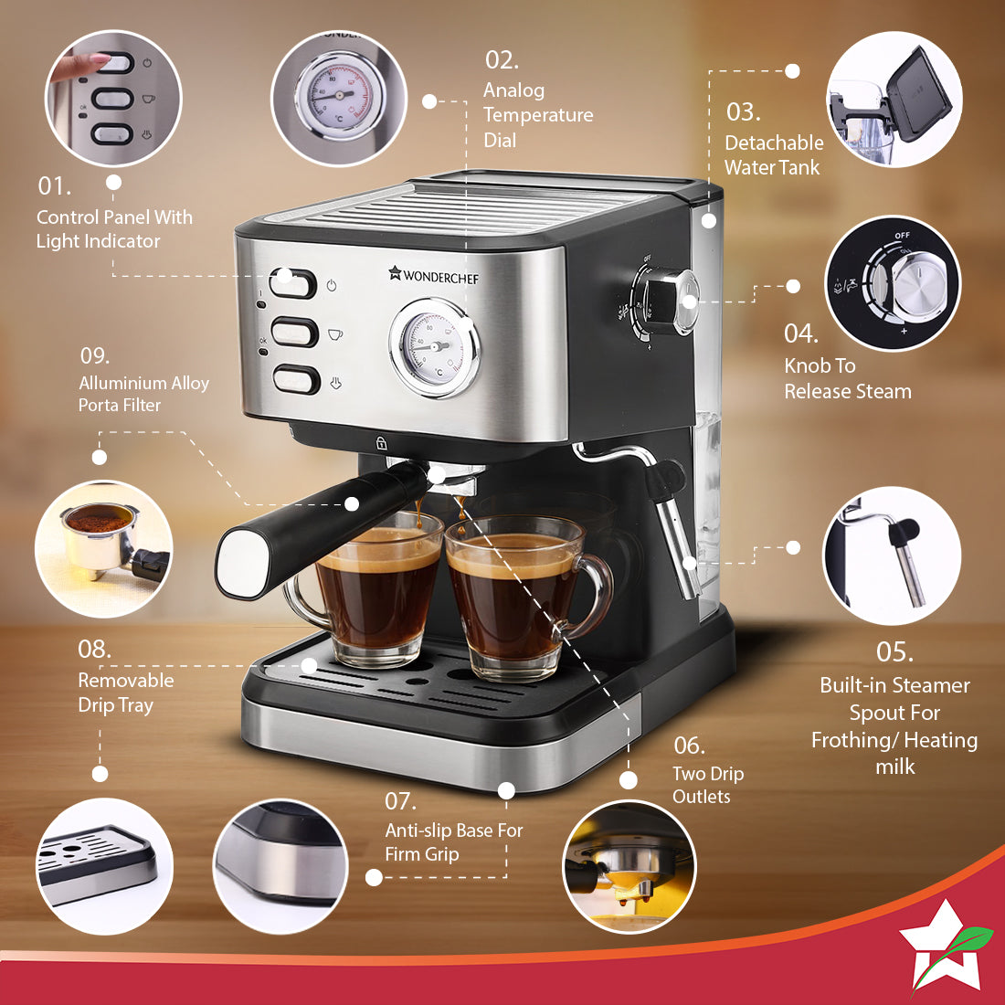 Wonderchef Regenta 19 bar Espresso Coffee Maker | Espresso, Cappuccino, Latte, Mocha, Cold Coffee| Adjustable Milk Froth