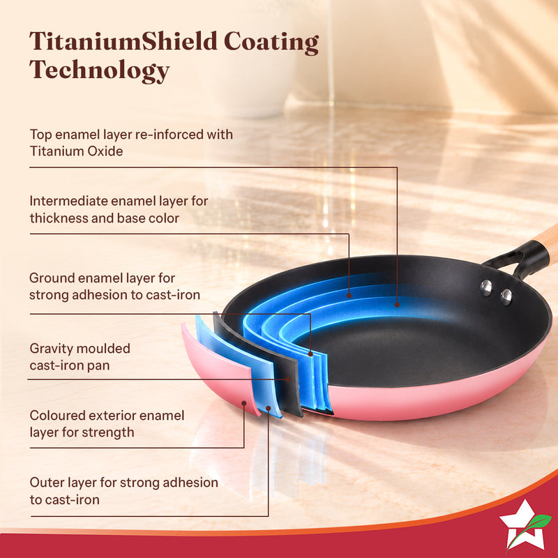Wonderchef Ferro Enamel Light-weight Cast-iron Fry Pan, 24cm, No Seasoning Required, TitaniumShield Non-toxic Chemical-f