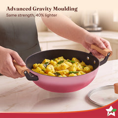 Wonderchef Ferro Enamel Light-weight Cast-iron Kadhai with Lid, 24cm, No Seasoning Required, TitaniumShield Non-toxic Ch