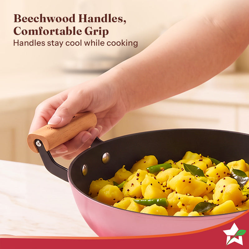 Wonderchef Ferro Enamel Light-weight Cast-iron Kadhai with Lid, 24cm, No Seasoning Required, TitaniumShield Non-toxic Ch