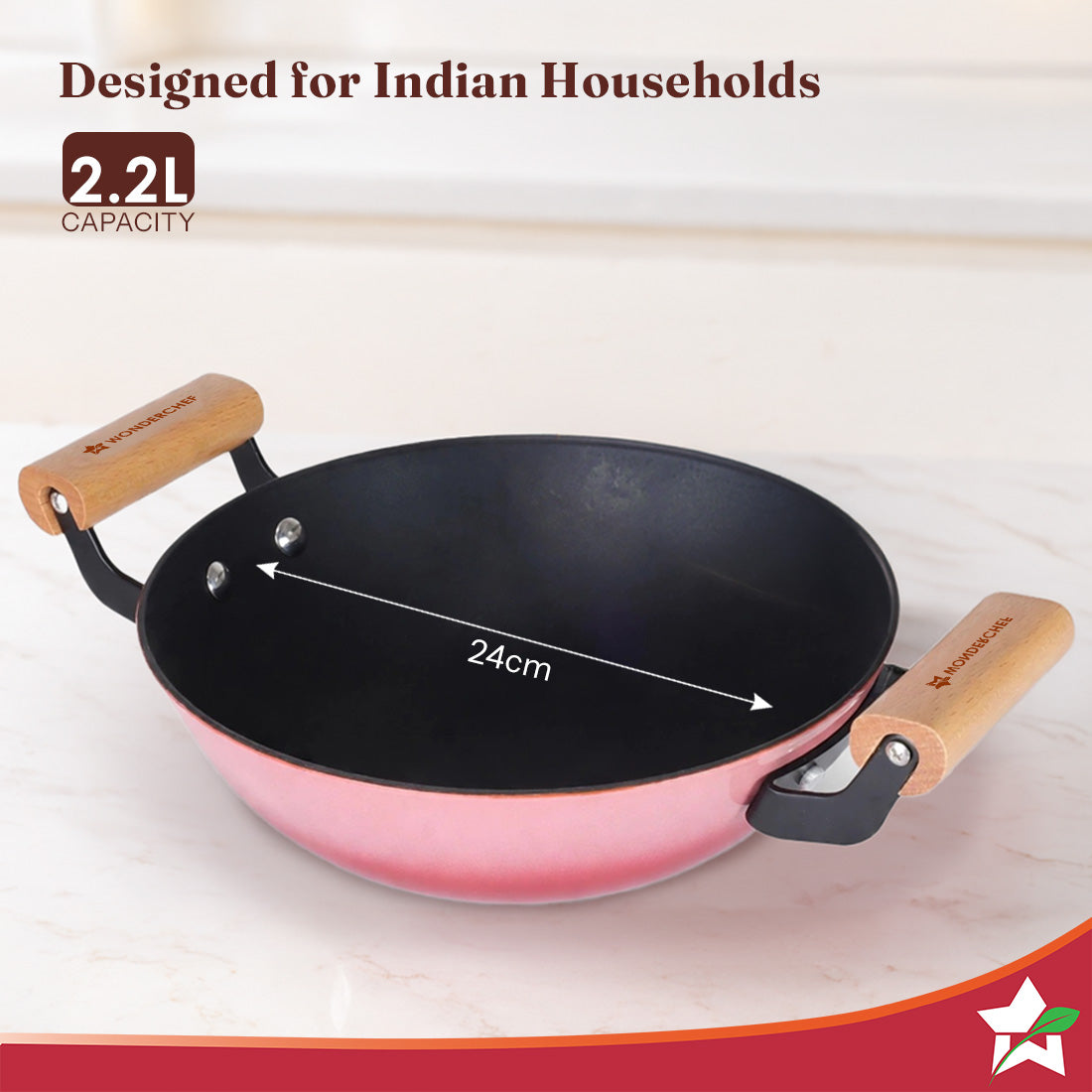 Wonderchef Ferro Enamel Light-weight Cast-iron Kadhai with Lid, 24cm, No Seasoning Required, TitaniumShield Non-toxic Ch