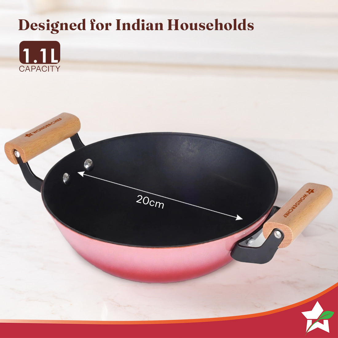 Wonderchef Ferro Enamel Light-weight Cast-iron Kadhai with Lid, 20cm, No Seasoning Required, TitaniumShield Non-toxic Ch