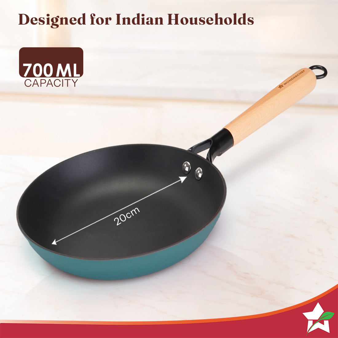Wonderchef Ferro Enamel Light-weight Cast-iron Fry Pan, 20cm, No Seasoning Required, TitaniumShield Non-toxic Chemical-f
