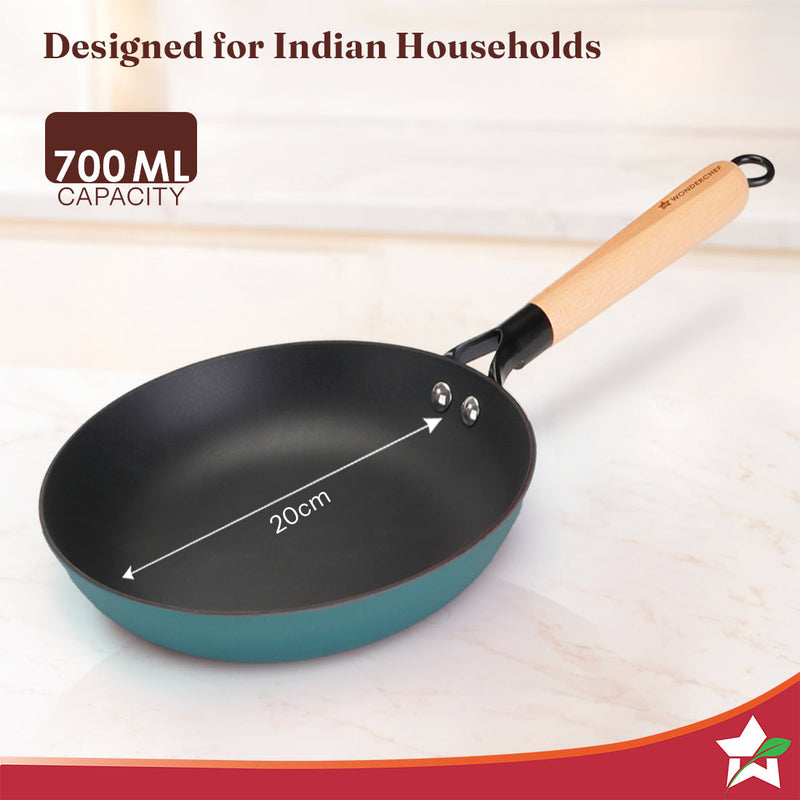Wonderchef Ferro Enamel Light-weight Cast-iron Fry Pan, 20cm, No Seasoning Required, TitaniumShield Non-toxic Chemical-f