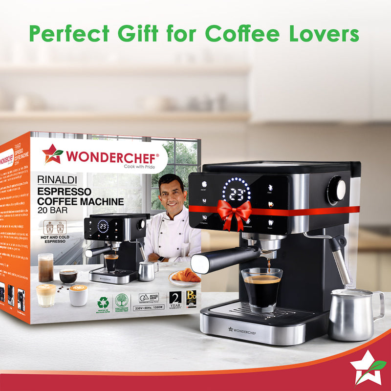Wonderchef Rinaldi Espresso 20 bar Coffee Maker with Temperature Gauge | Espresso, Cappuccino, Latte, Mocha, Cold Coffee