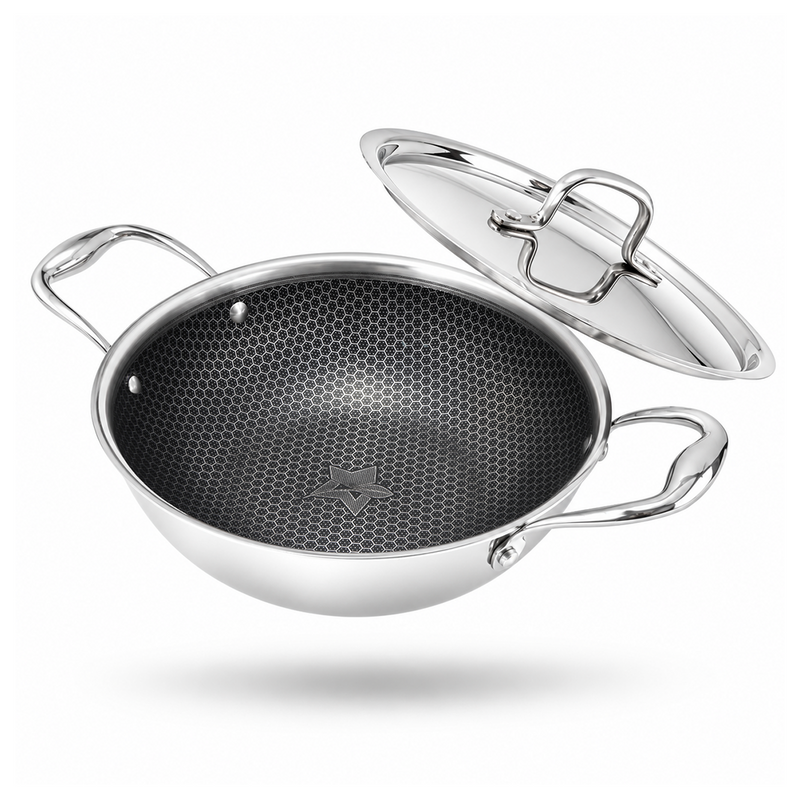 Wonderchef PremiumPro  Triply Stainless-steel Kadhai with Lid 24cm 2.7L for Kitchen, Toxin-free Non-stick HexaGlide Coat