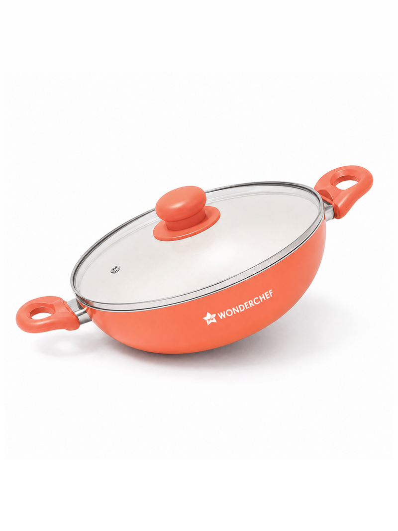 Wonderchef Natura Ceramic Kadhai & Glass Lid for Cooking, 24cm, 2.5L, Non-toxic Chemical-free Coating, PFOA/PFAS-Free, F