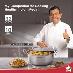 Wonderchef Premium Triply Stainless-steel Biryani Handi with Lid for Kitchen, 32cm 8.4L, Casserole for Slow Cooking, Dum