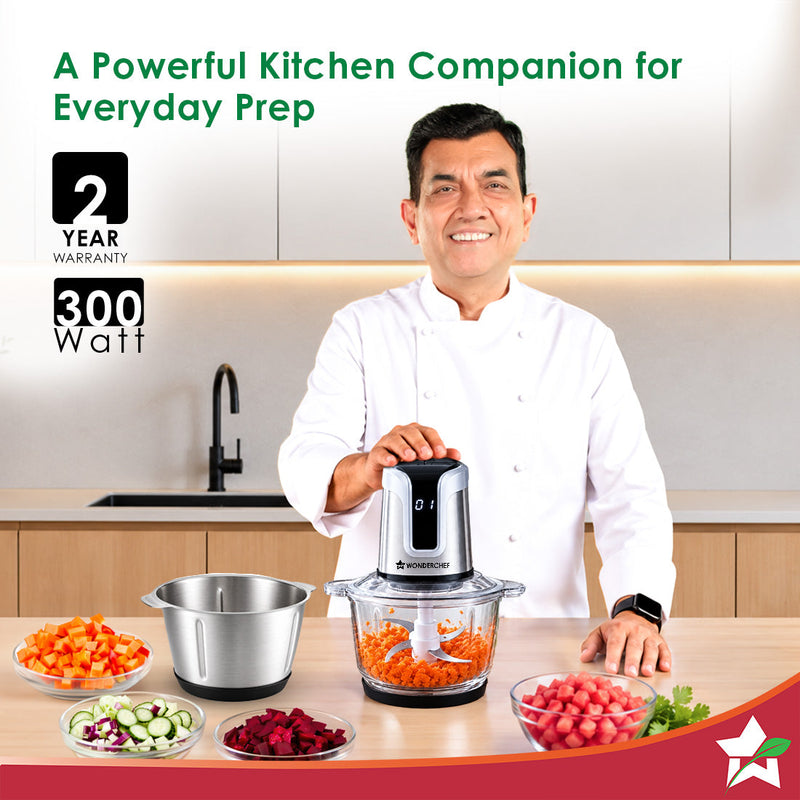 Wonderchef Maestro Digital Electric Chopper, Mincer, for Kitchen, 300W Motor, Sharp Stainless-steel Blades, Whisk Attach