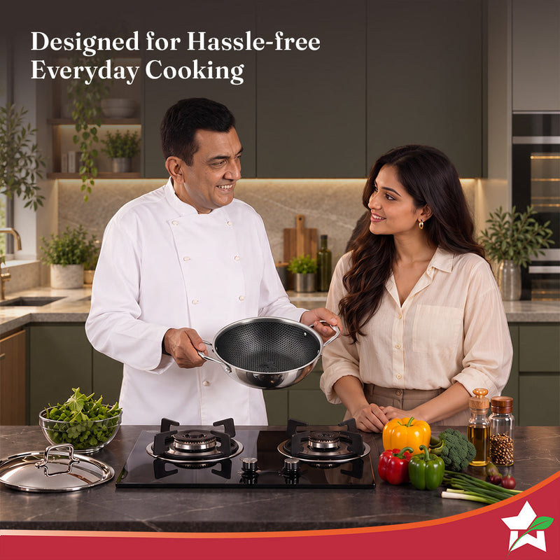 Wonderchef PremiumPro  Triply Stainless-steel Kadhai with Lid 24cm 2.7L for Kitchen, Toxin-free Non-stick HexaGlide Coat
