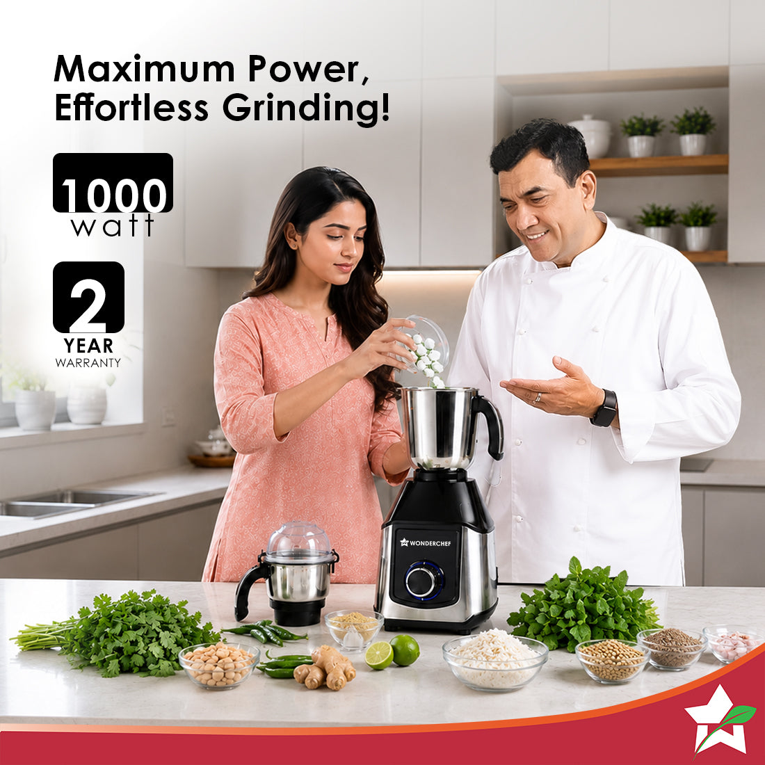 Wonderchef Inox 1000W Mixer Grinder with 3 Stainless-steel Jars, Special Blade for Silbatta Khada Masala Grinding, Minci