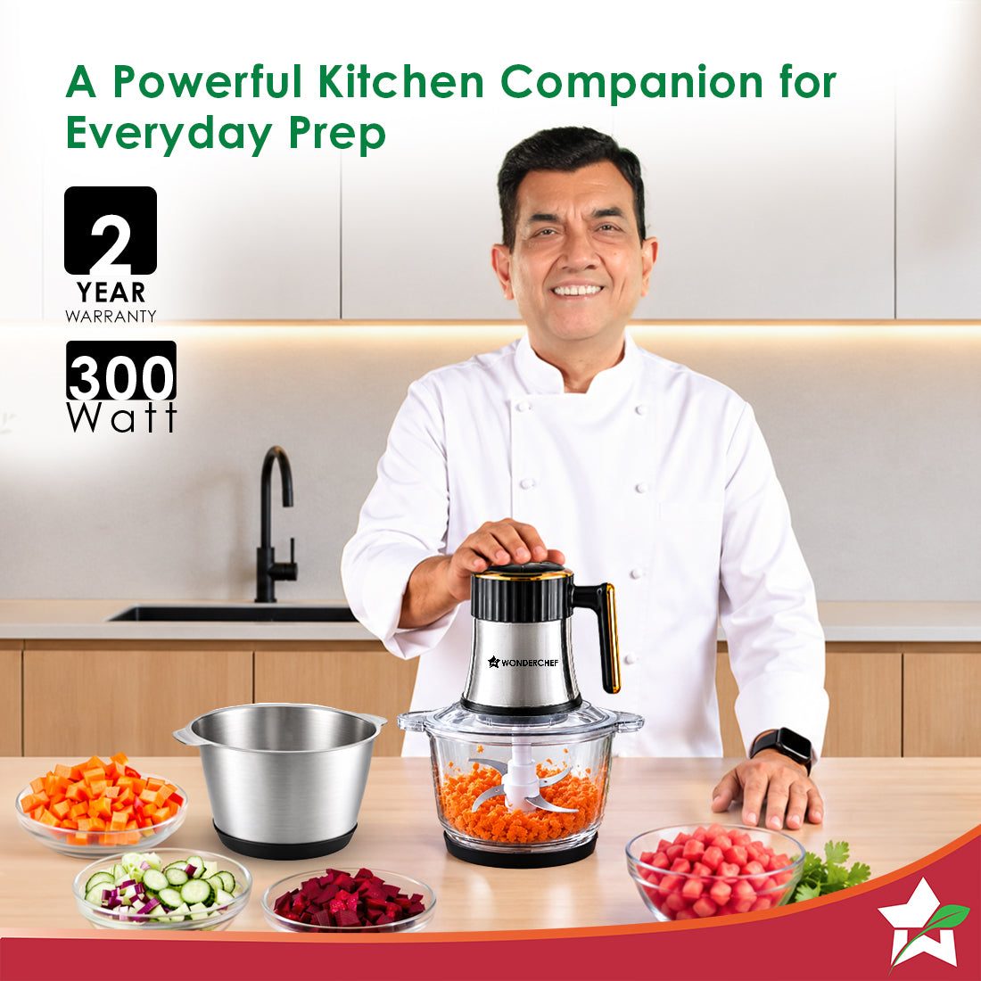 Wonderchef Maestro Neo Electric Chopper, Mincer, Peeler for Kitchen, 300W Motor, Sharp Stainless-steel Blades, Whisk and