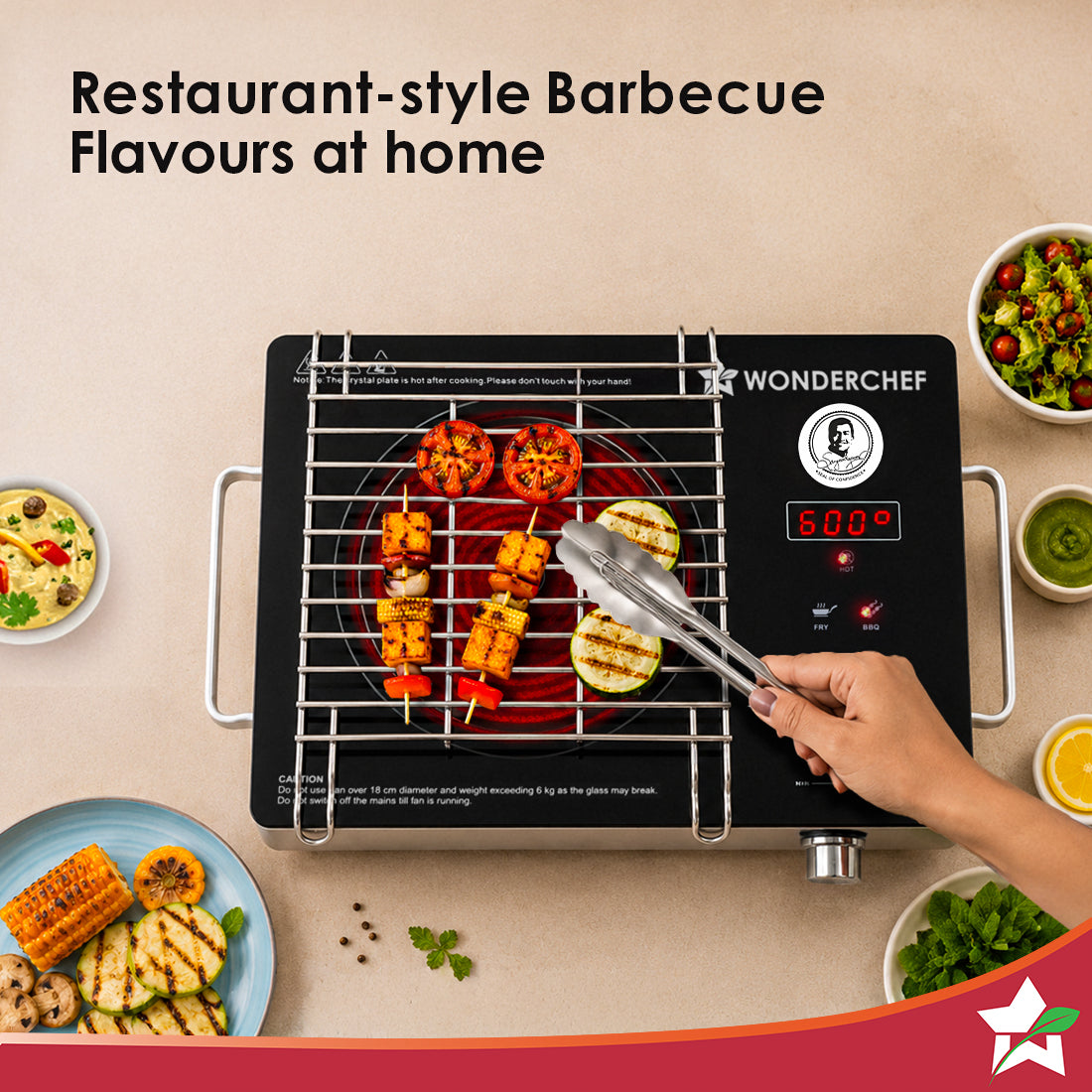 Wonderchef Evita Neo Infrared Electric Cooktop with Crystal Glass for Kitchens, 2200W, BBQ Grill Included, 4 Pre-set Fun