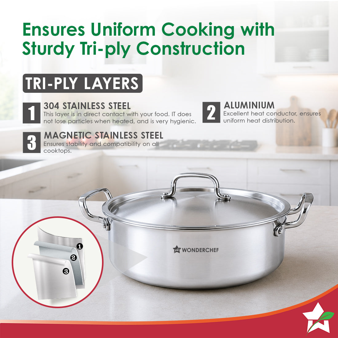 Wonderchef Stella Triply Stainless-steel Biryani Handi with Lid for Kitchen, 28cm 6.2L, Casserole for Slow Cooking, Dum Biryani, Gravies, Induction-friendly, Sturdy Handles, 10-Yr Warranty-3