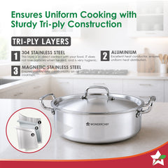 Wonderchef Stella Triply Stainless-steel Biryani Handi with Lid for Kitchen, 28cm 6.2L, Casserole for Slow Cooking, Dum Biryani, Gravies, Induction-friendly, Sturdy Handles, 10-Yr Warranty-3