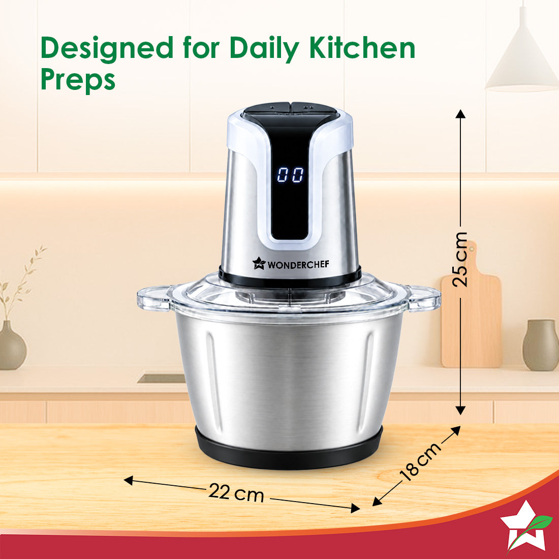 Wonderchef Maestro Digital Electric Chopper, Mincer, for Kitchen, 300W Motor, Sharp Stainless-steel Blades, Whisk Attach