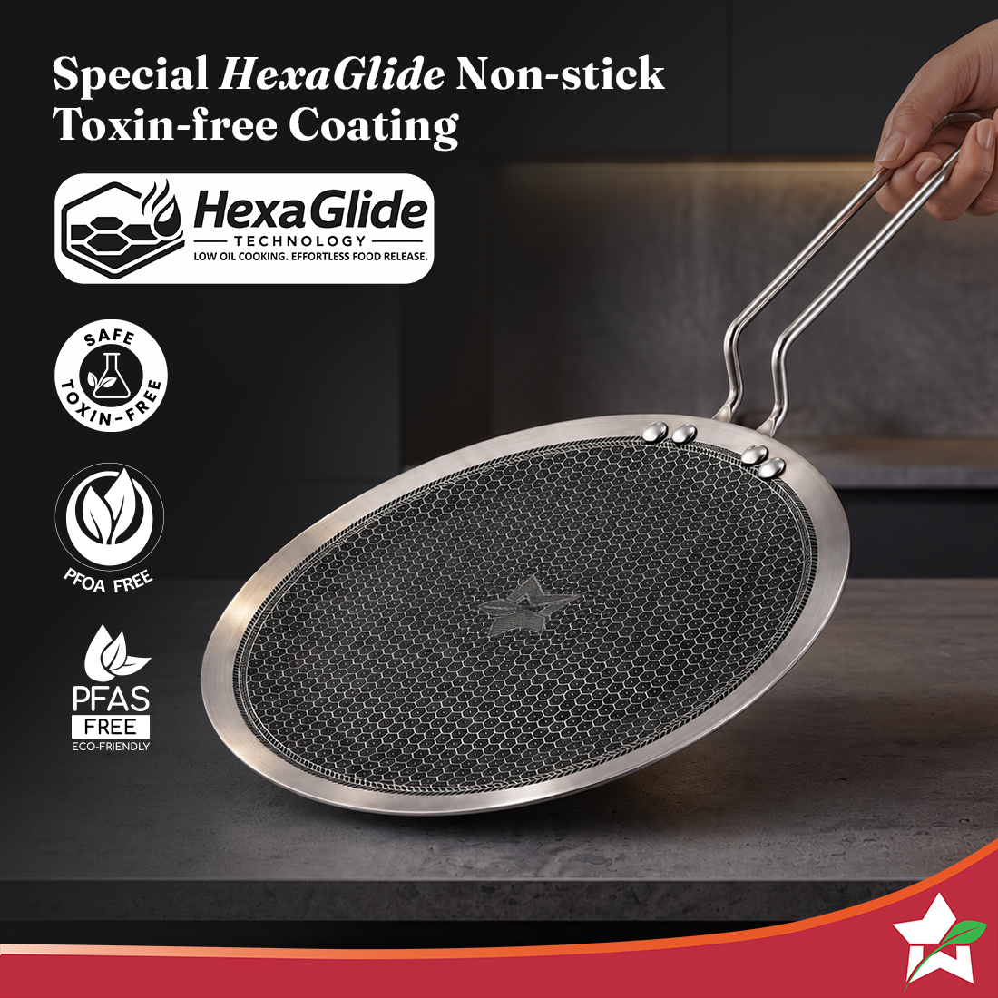Wonderchef PremiumPro Triply Stainless-steel Roti Tawa 28cm for Kitchen, Toxin-free Non-stick HexaGlide Coating, Metal S