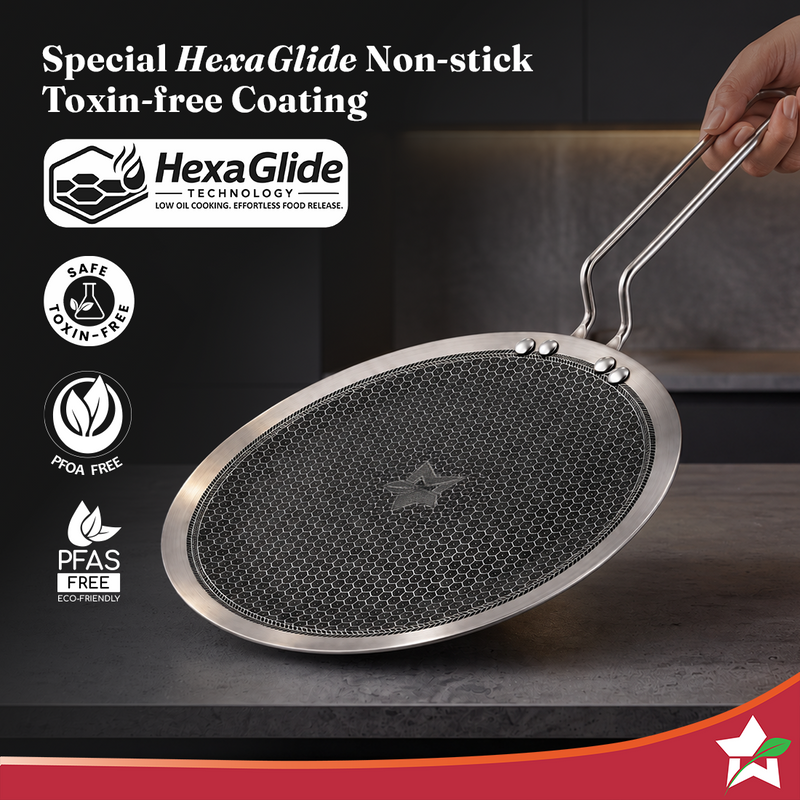 Wonderchef PremiumPro Triply Stainless-steel Roti Tawa 28cm for Kitchen, Toxin-free Non-stick HexaGlide Coating, Metal S