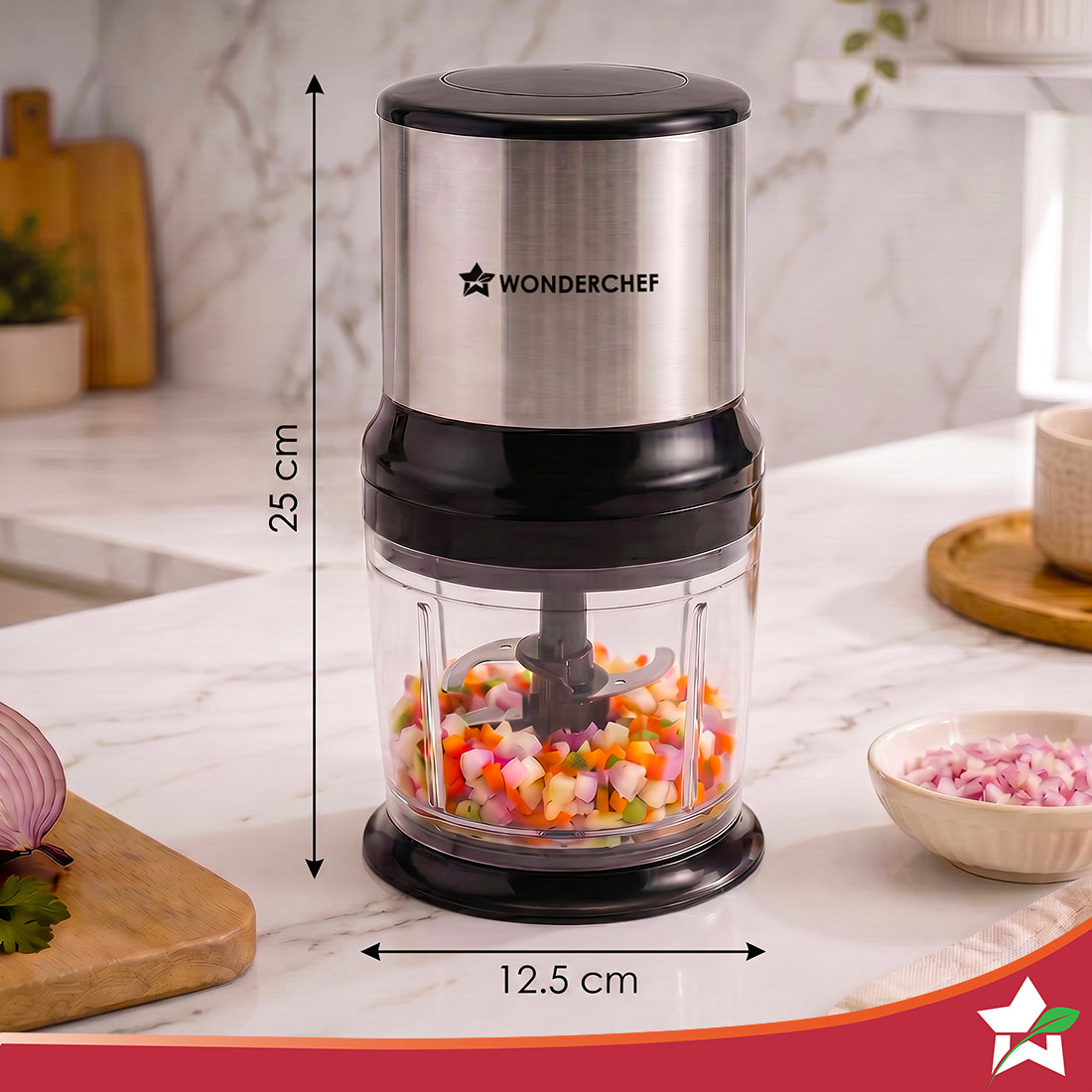 Wonderchef Inox Kitchen Vegetable Chopper, 350W Motor, Chopping/Mincing/Pureeing, Whisk Attachment for Whipping/Beating,