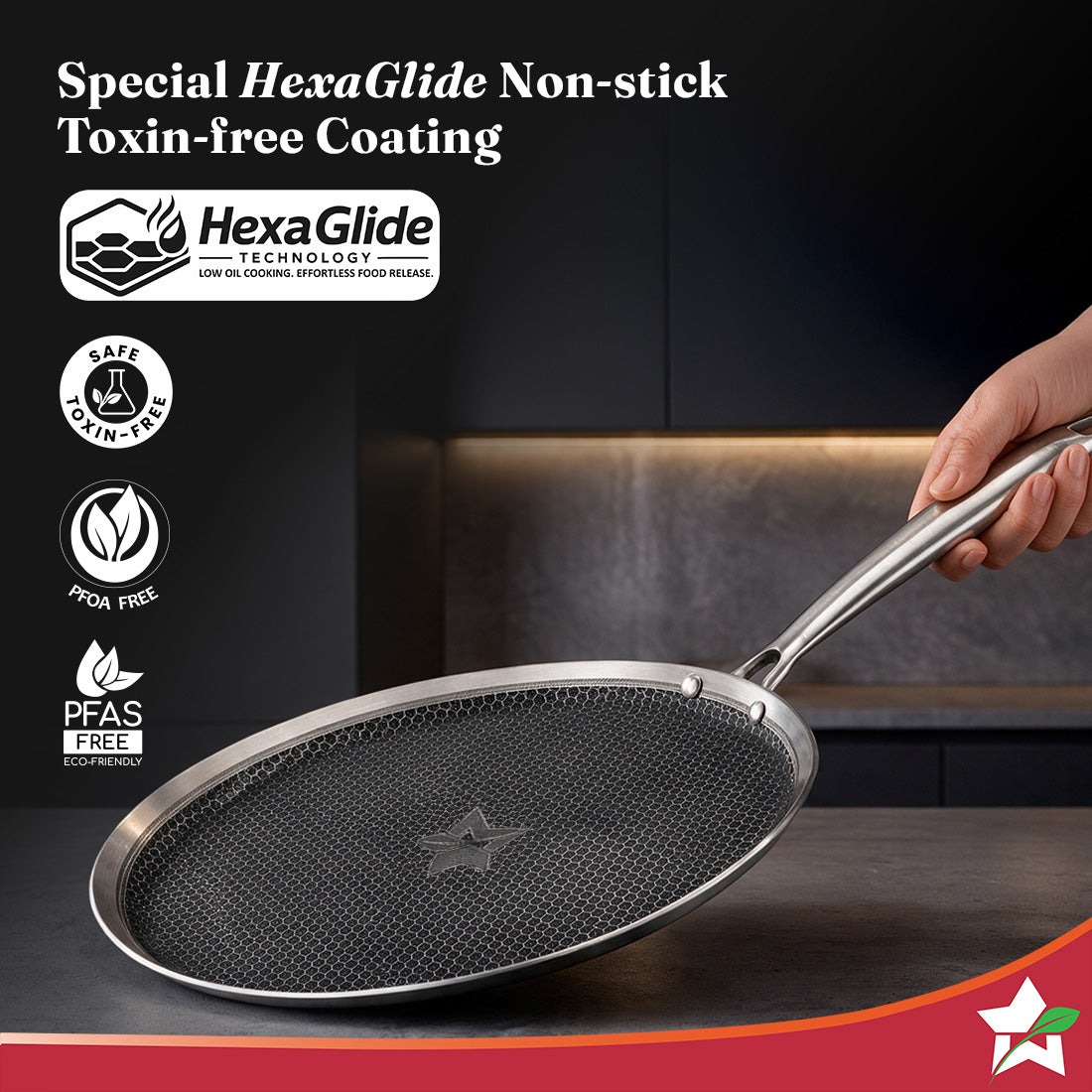 Wonderchef PremiumPro Hexa Triply Stainless-steel Dosa Tawa 28cm for Kitchen, Toxin-free Non-stick HexaGlide Coating, Metal Spoon Friendly, Induction-friendly, Cool Handles, 10-Yr Warranty-3