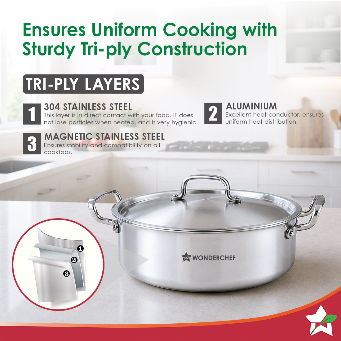 Wonderchef Stella Triply Stainless-steel Biryani Handi with Lid for Kitchen, 32cm 8.4L, Casserole for Slow Cooking, Dum Biryani, Gravies, Induction-friendly, Sturdy Handles, 10-Yr Warranty-3