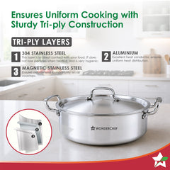 Wonderchef Stella Triply Stainless-steel Biryani Handi with Lid for Kitchen, 32cm 8.4L, Casserole for Slow Cooking, Dum Biryani, Gravies, Induction-friendly, Sturdy Handles, 10-Yr Warranty-3