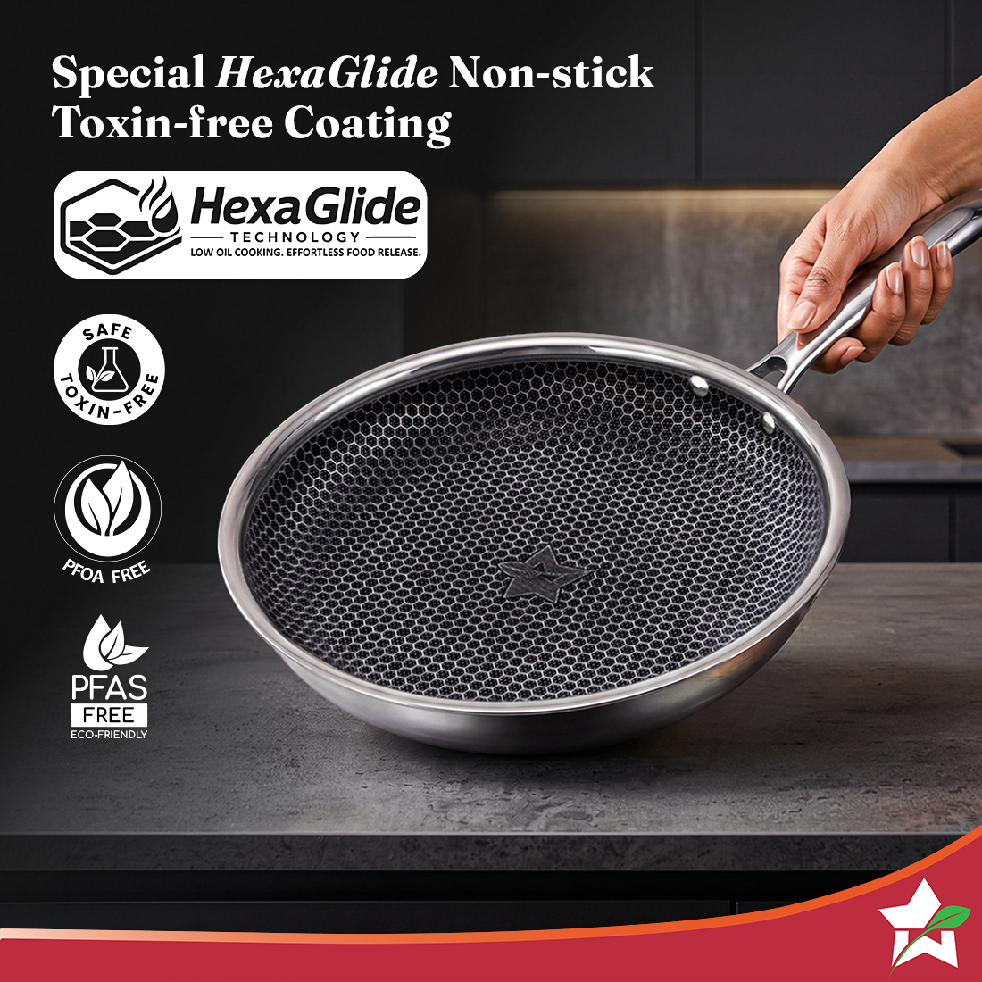 Wonderchef PremiumPro  Triply Stainless-steel Fry Pan 20cm 1L for Kitchen, Toxin-free Non-stick HexaGlide Coating, Metal
