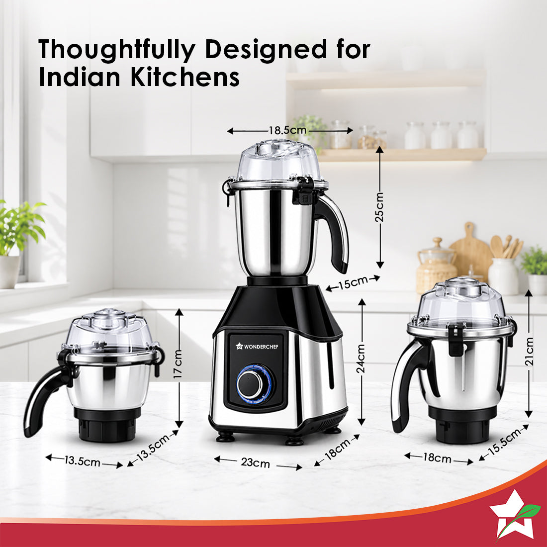 Wonderchef Inox 1000W Mixer Grinder with 3 Stainless-steel Jars, Special Blade for Silbatta Khada Masala Grinding, Minci