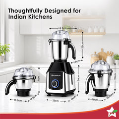 Wonderchef Inox 1000W Mixer Grinder with 3 Stainless-steel Jars, Special Blade for Silbatta Khada Masala Grinding, Minci
