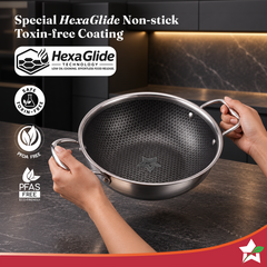 Wonderchef PremiumPro  Triply Stainless-steel Kadhai with Lid 24cm 2.7L for Kitchen, Toxin-free Non-stick HexaGlide Coat