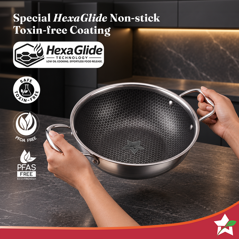 Wonderchef PremiumPro  Triply Stainless-steel Kadhai with Lid 24cm 2.7L for Kitchen, Toxin-free Non-stick HexaGlide Coat