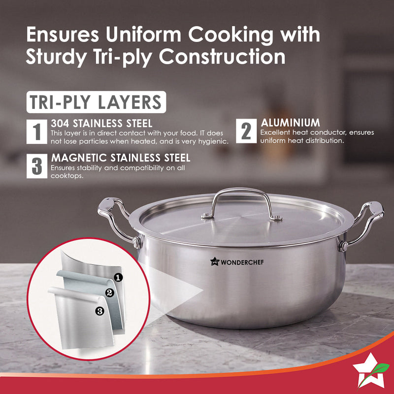 Wonderchef Premium Triply Stainless-steel Biryani Handi with Lid for Kitchen, 32cm 8.4L, Casserole for Slow Cooking, Dum