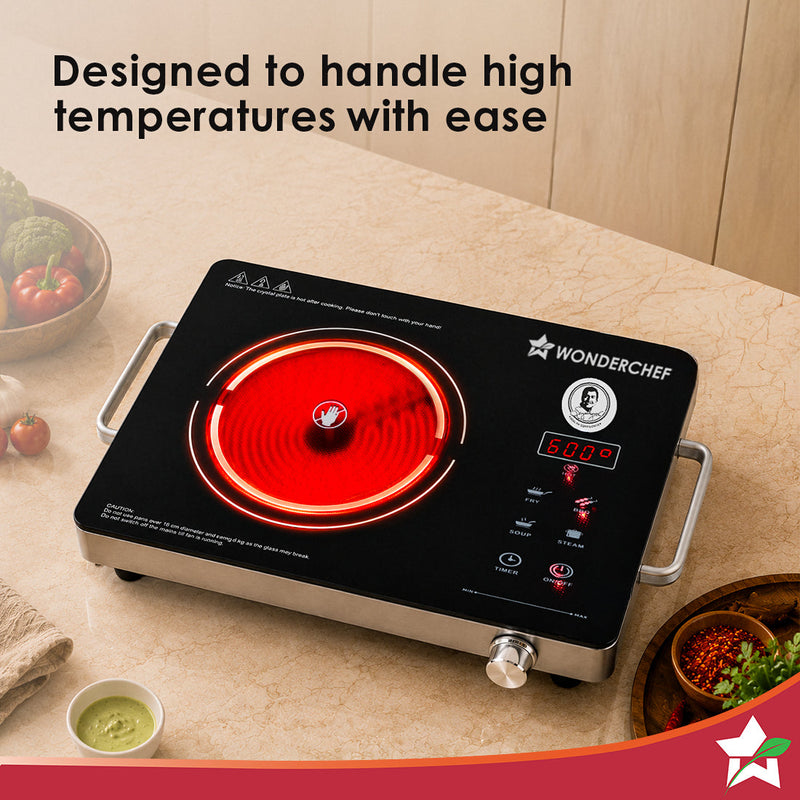 Wonderchef Evita Neo Infrared Electric Cooktop with Crystal Glass for Kitchens, 2200W, BBQ Grill Included, 4 Pre-set Fun