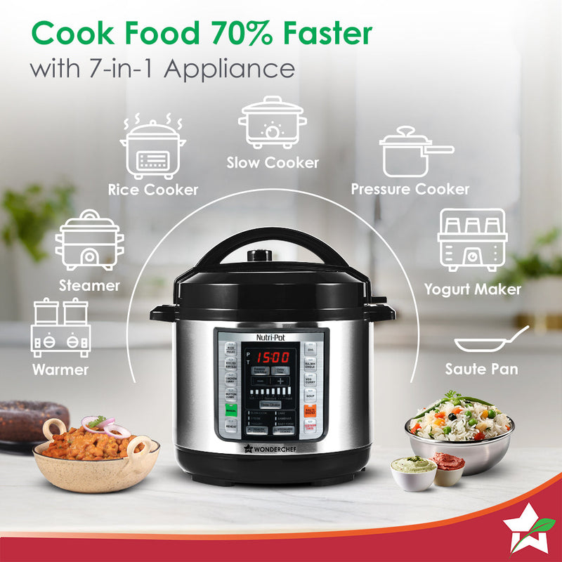 Wonderchef Nutri-pot 3L Electric Pressure Cooker, 18 Pre-set Options, 304 Stainless Steel Inner Pot, Slow Cook, Rice/Mil